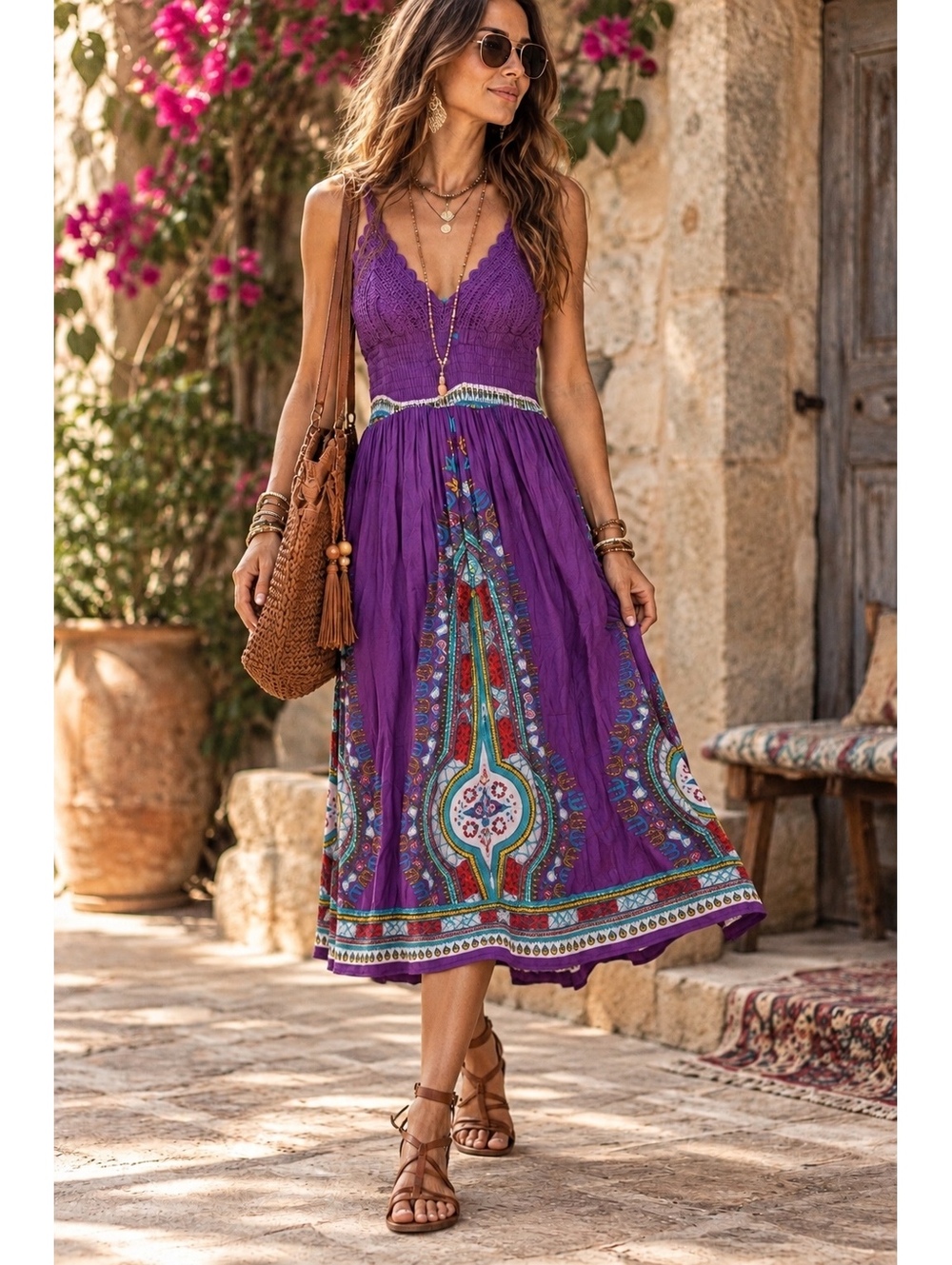 Purple Boho Crochet Dress Festival Y2K Indie Ethnic Print Midi Large
